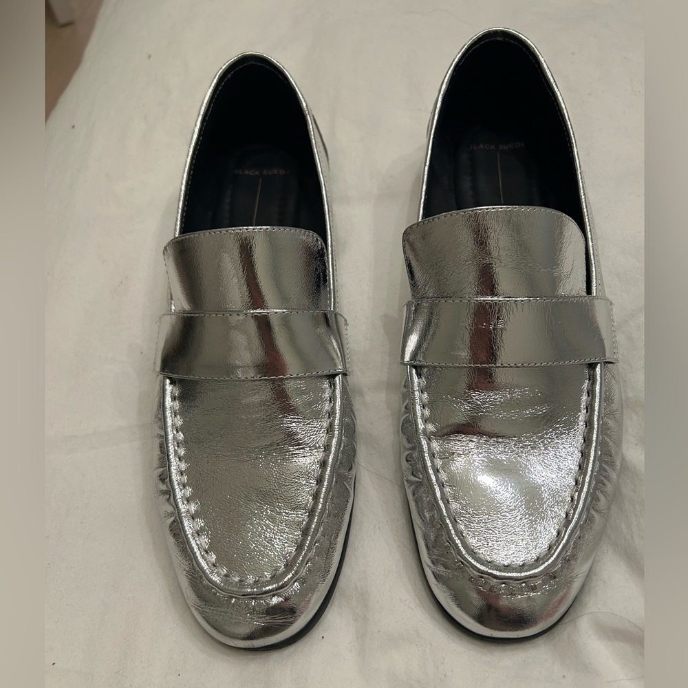 Metallic Silver Penny Loafers - Women's Flats